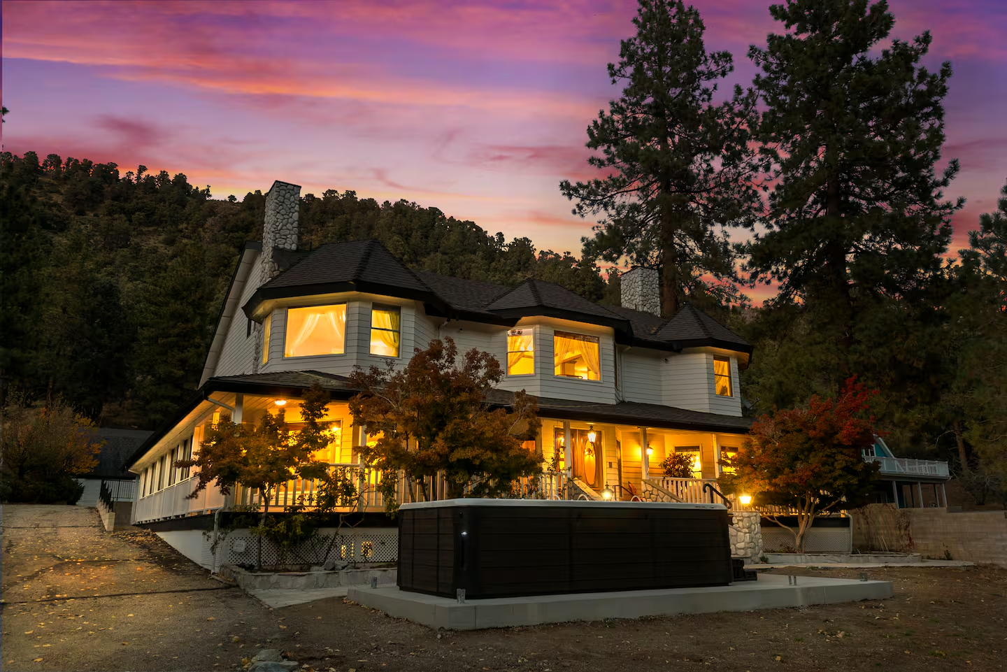 Wrightwood Castle at twilight in the San Gabriel Mountains